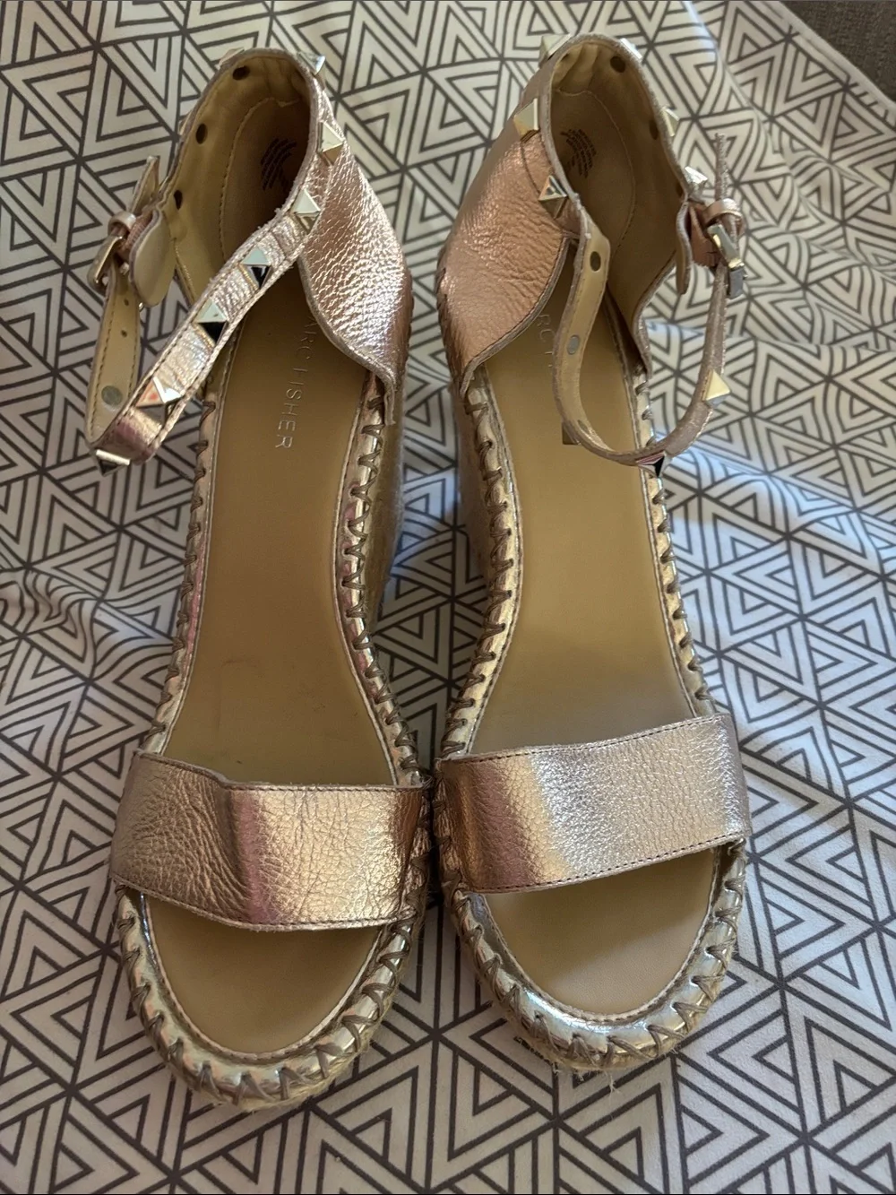 Marc Fisher Metallic Rose Gold Espadrille Wedge Sandals with Ankle Strap